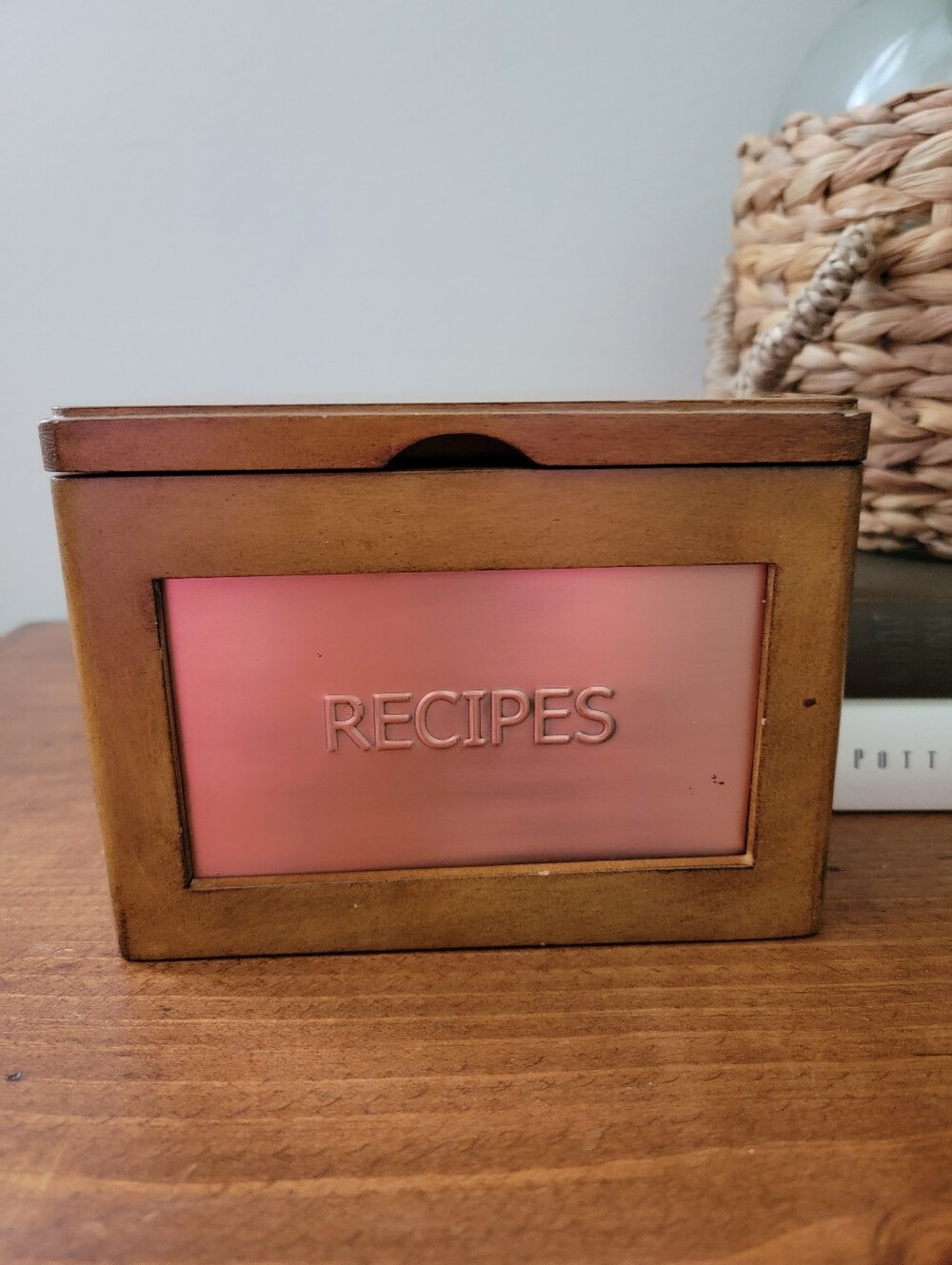 Vintage Wood Hinged Lid Recipe Box Copper Panal Kitchen Home Decor